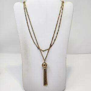 Kramer Sphere Pendant Tassel Double Strand Chain Necklace Gold Tone Vintage
